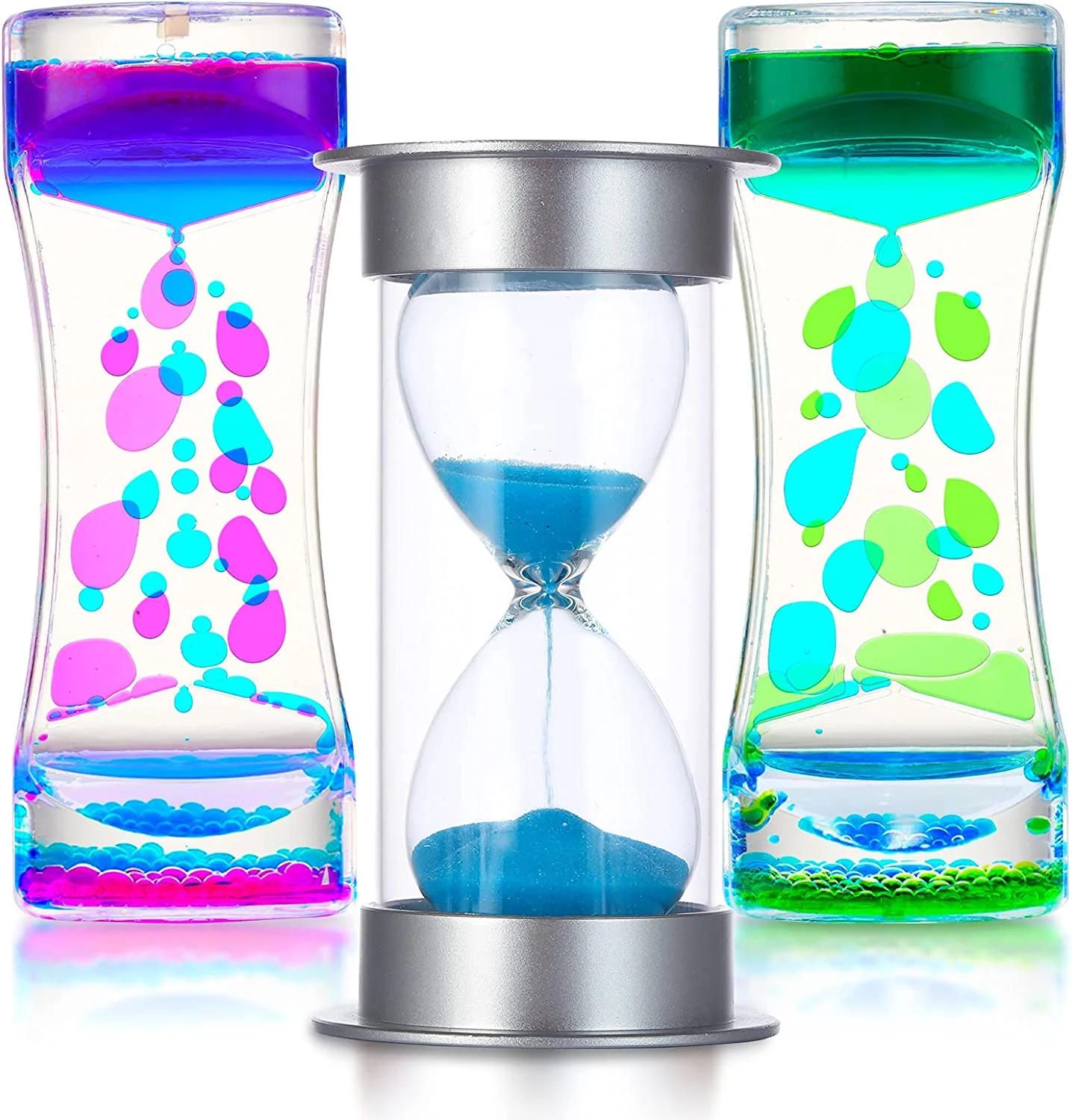 Liquid Motion and Sand Timers 3 Pcs Bundle, Fidget Sensory Toys, Calm Down and OT Tool Kit for Kids and Adults with Autism, ADD, and ADHD, Plastic and Glass Lava Lamp Bubble and Original Hourglass Set