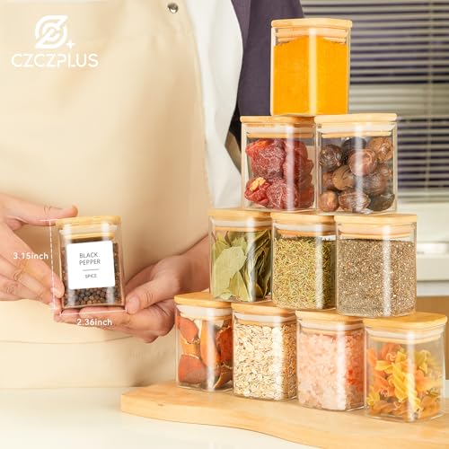 12Pcs Glass Spice Jars with Bamboo Airtight Lids, 6oz Spice Containers with 140 Preprinted Spice Labels, Empty Seasoning Containers for Spice Salt Sugar Herb