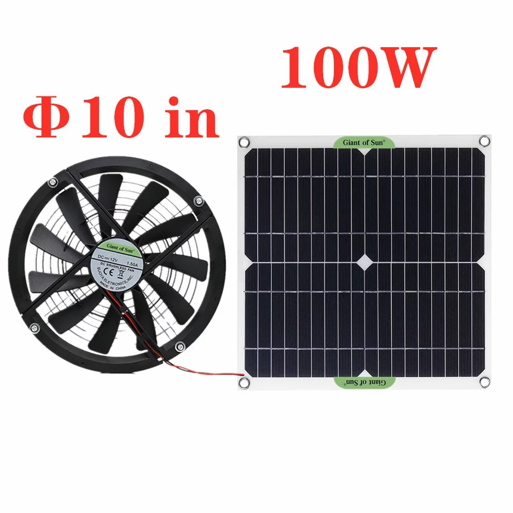 Tomshoo 10 Inch Cooling Ventilator, Solar Powered Fan, Monocrystalline Silicon Solar Panel, 100W
