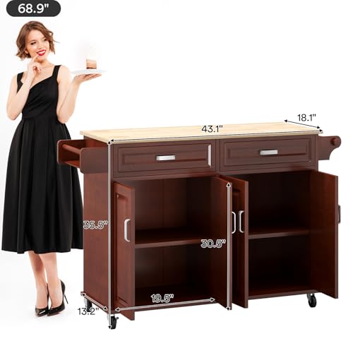 Rovibek Kitchen Island with Drawers 53 in Rolling Island Cart Mobile Solid Wood Portable Islands on Wheels with Storage Cabinet & Drawers, White