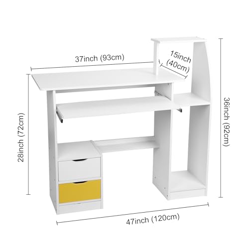 Small Computer Office Desk with 2 Drawers and 3 Hutch Shelves Writing Desk Stand Up Desk with Wide Desktop and Keyboard Drawer, Wood Executive Desk Writing Study Table Pc Desk for Bedroom W