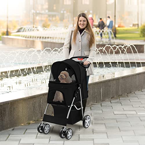 S AFSTAR 4 Wheels Pet Stroller, Folding Cat Dog Stroller W/Storage Basket & Tray, Adjustable Canopy, All-Terrain EVA Wheels, Foldable Carrier Strolling Cart for Medium Small Dogs Cats Travel (Black)