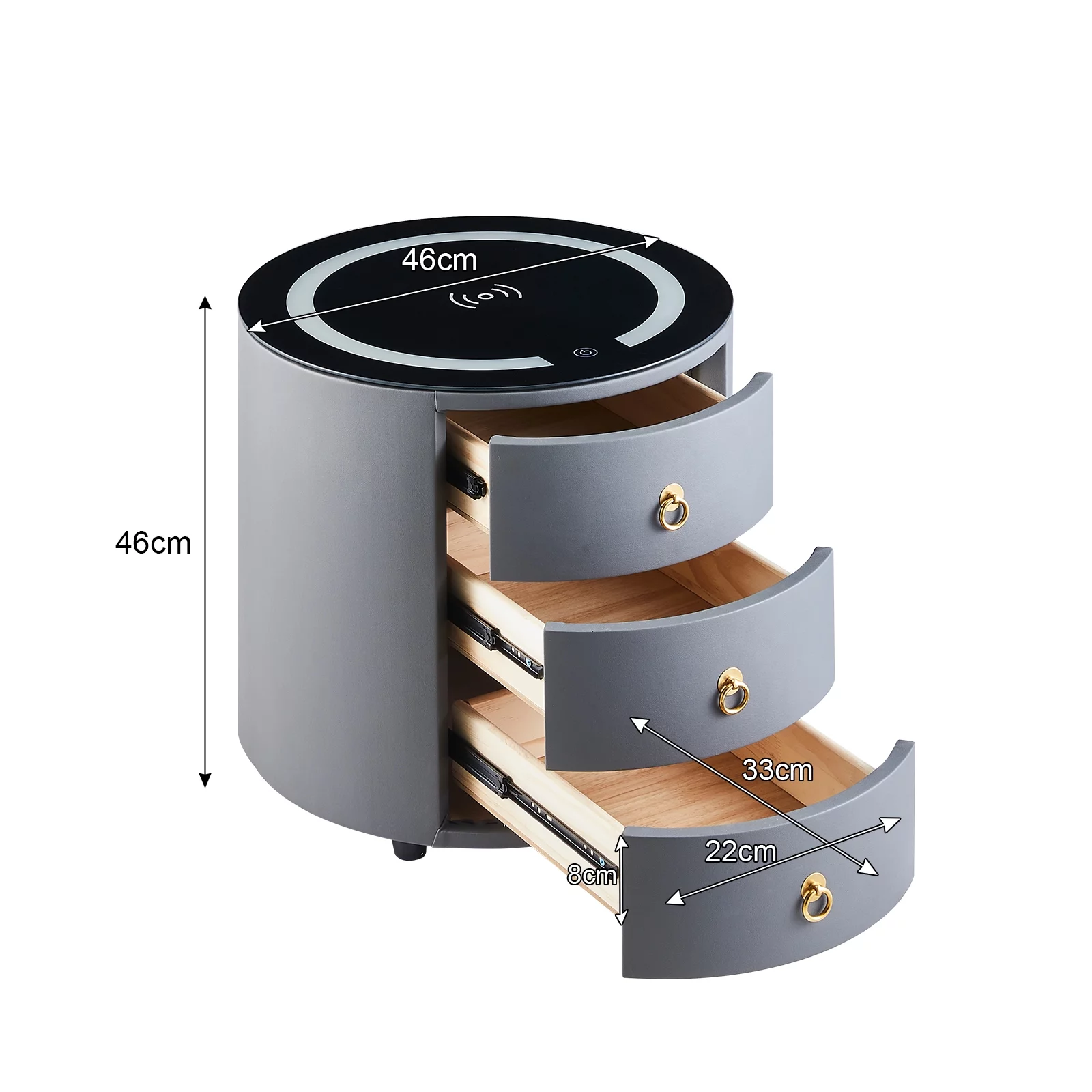 Clipop Set of 2 Nightstand Wireless Charging Station and 3 Color LED, Faux Leather Surface Bedside Cabinet with 3 Drawers, Dark Gray