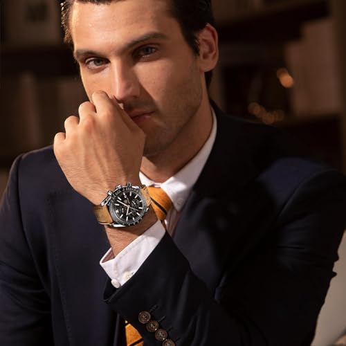 BY BENYAR Mens Watches Analog Quartz Chronograph Waterproof Men's Wrist Watches Business Casual Fashion Classic Designer Elegant Dress Watch with Calendar Leather/Stainless Steel Strap Gifts for Men