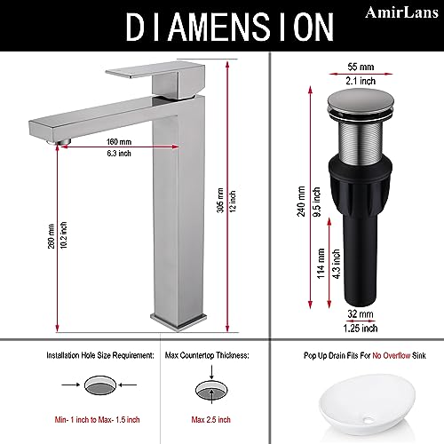 Brushed Gold Vessel Sink Faucet - Tall Single Hole Bathroom Faucet with Pop Up Drain, AML-11411-BG