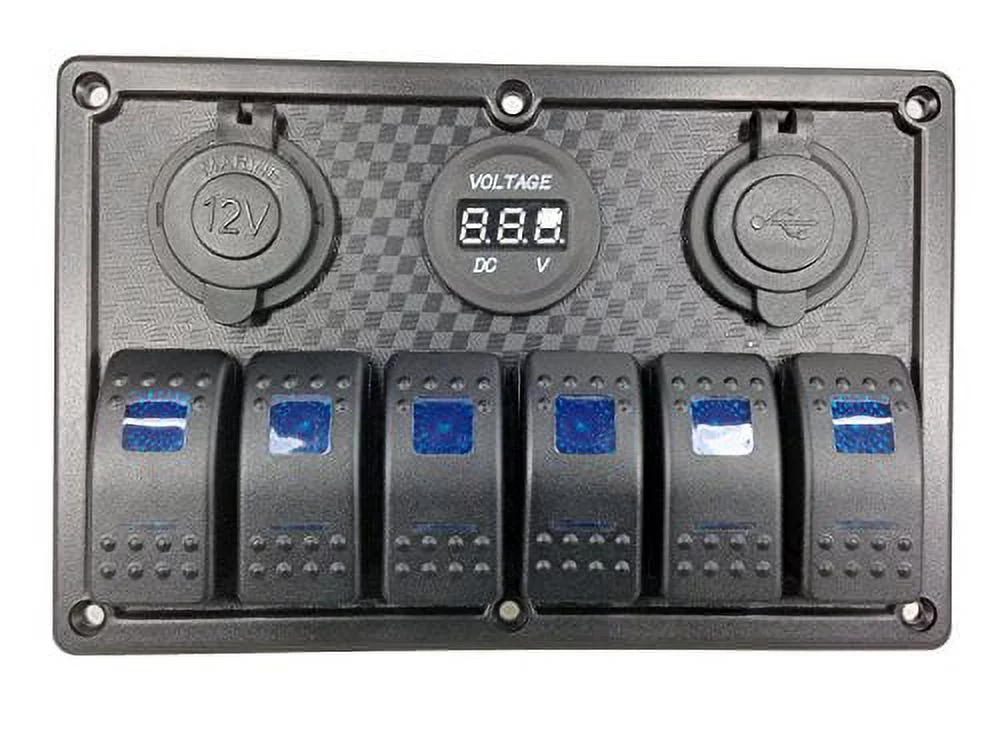 Pactrade Marine Car RV Boat 6 Gang Blue LED Rocker Switch Panel USB Voltmeter