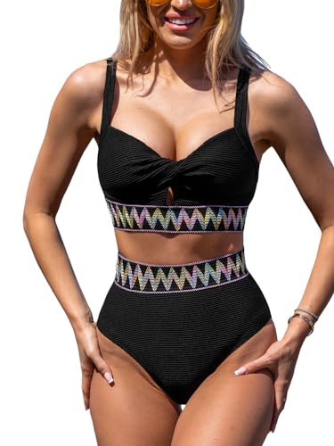 CUPSHE Women's Bikini Sets Two Piece Bathing Suit High Waisted V Neck Front Keyhole Twist Adjustable Straps