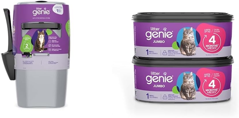 Bundle of Litter Genie Standard Pail (Silver) & Jumbo Refill (2-Pack) | Cat Litter Box Waste Disposal System for Odor Control with 1 Starter Refill (14ft) + 2 Jumbo Refills (56ft)