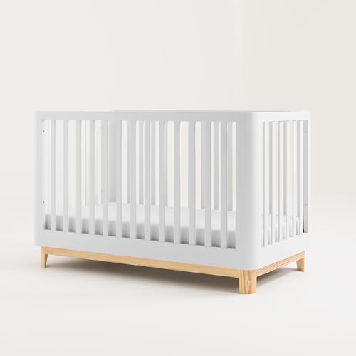 Storkcraft Santos 3-in-1 Convertible Crib (White with Natural) – GREENGUARD Gold Certified, Fits Standard Crib Mattress, Converts to Toddler Bed, Modern Style, Rounded Designer Details