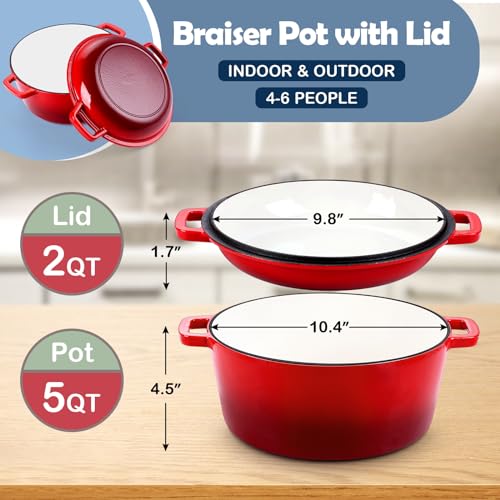 HaSteeL 2 in 1 Enameled Cast Iron Dutch Oven, 5 QT Pot & 2 Quart Skillet Lid Pan, Non-Stick Cookware Multi Cooker for Bread Baking Cooking Stewing, Suit for All Cooktops, Dual Handles & Oven Safe, Red