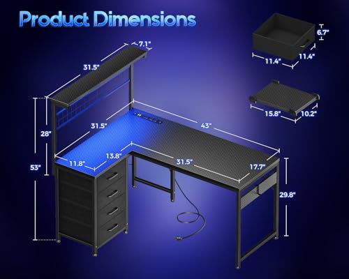 MOTPK L Shaped Gaming Desk with Shelf & 4 Drawers, 43
