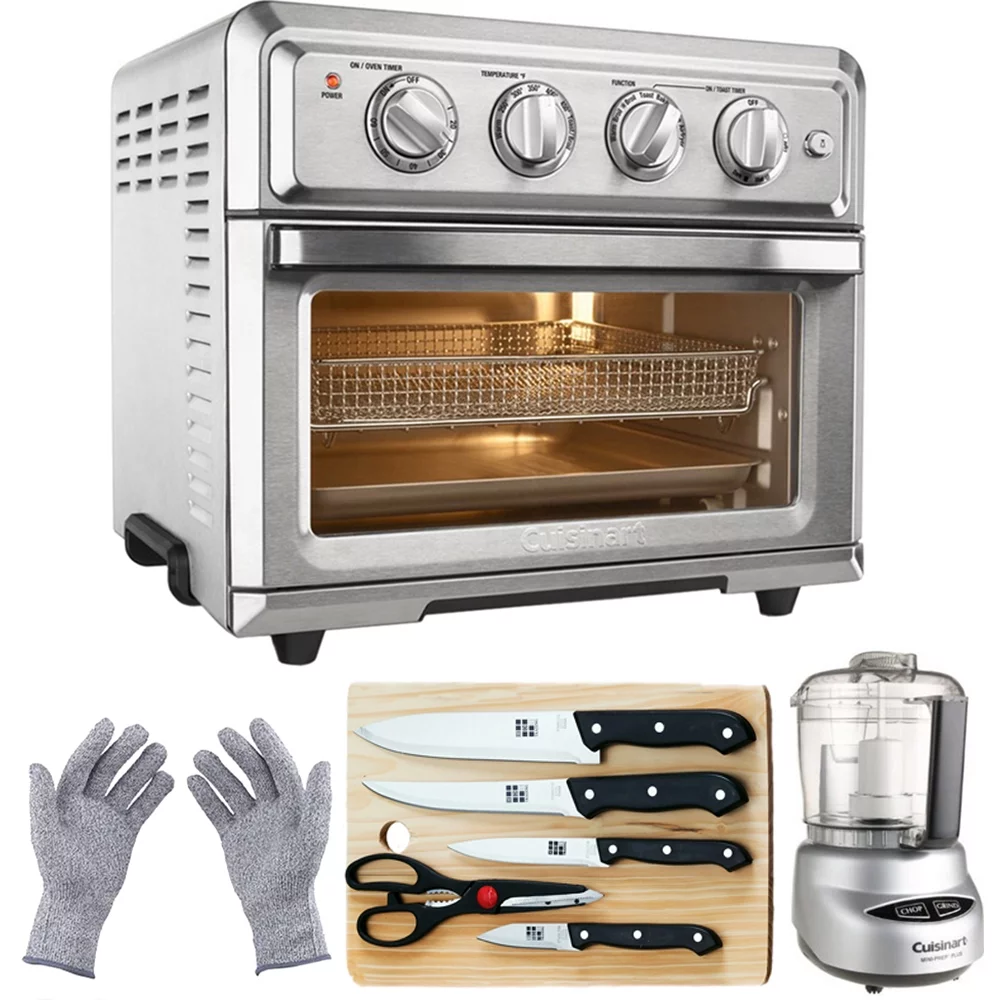 Cuisinart TOA-60 Convection Toaster Oven Air Fryer with Light Silver with Ultimate Kitchen Bundle Includes Mini Food Processor, 5-Pieces Knife Set, Cutting Board and Protective Safety Gloves