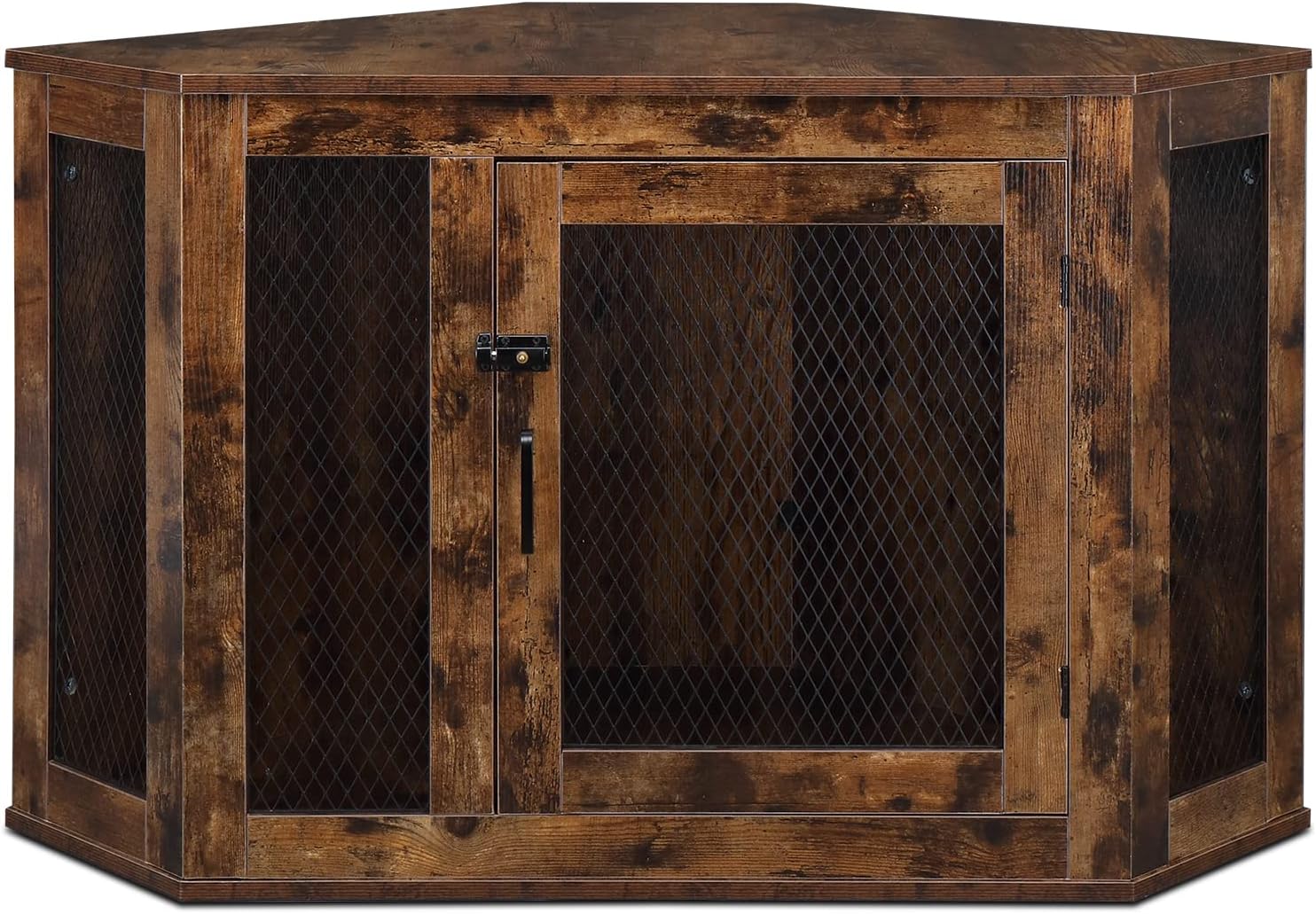 Furniture Corner Dog Crate, Lockable Doors, Dog Kennel with Wood and Mesh, Dog Crate for Small/Medium Dogs, Pet Crate Furniture, Dog House, Side End Table, Indoor Use, Rustic Brown