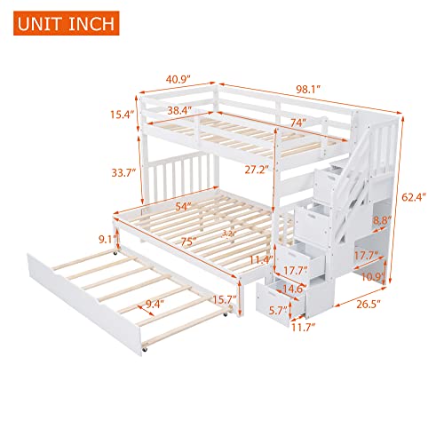 Twin over Full Bunk Bed with Trundle, Wood Bunk Bed with Storage Cabinet and Drawers, Convertible Bunk Beds Twin over Full Size Split into 3 Beds for Kids, Teens, Adults, Noise-reduced, White