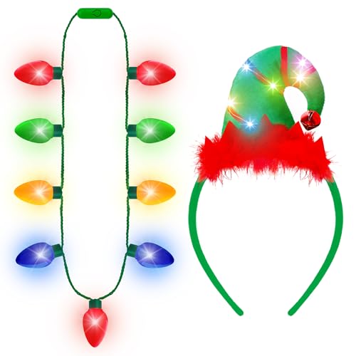 Blowata 2 Pack Christmas Light Up Bulk, Christmas Light Up Headband and Necklace, Xmas Bulb Lights Necklace for Party Favor Supplies, Xmas Holiday Accessories for Men Women