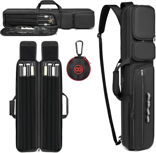 Pool Cue Case 4x4, Pool Stick Case Cue Bag with Hidden Backpack-Strap, Cue Stick Case Holds 4 Butts and 4 Shafts, Billiard Pool Cue Carrying Case with Large Front Accessory Pockets and 1 Cue Ball Case