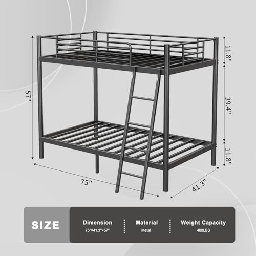 Loft Bunk Bed Twin Over Full Size with Ladder and Guardrail, Heavy Duty Bunk Beds Metal Slats Support, No Box Spring Needed, Space Saving Furniture for Bedroom Kid Room and Dorm (Twin Over Full)