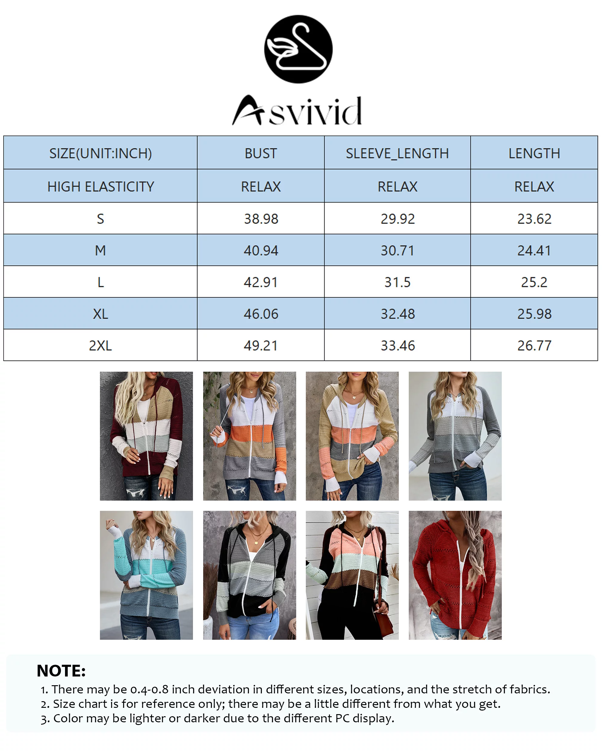 Asvivid Women's Long Sleeve Hoodies Sweatshirt Zip Up Color Block Knit Sweater Casual Drawstring Hooded Jacket S-2XL