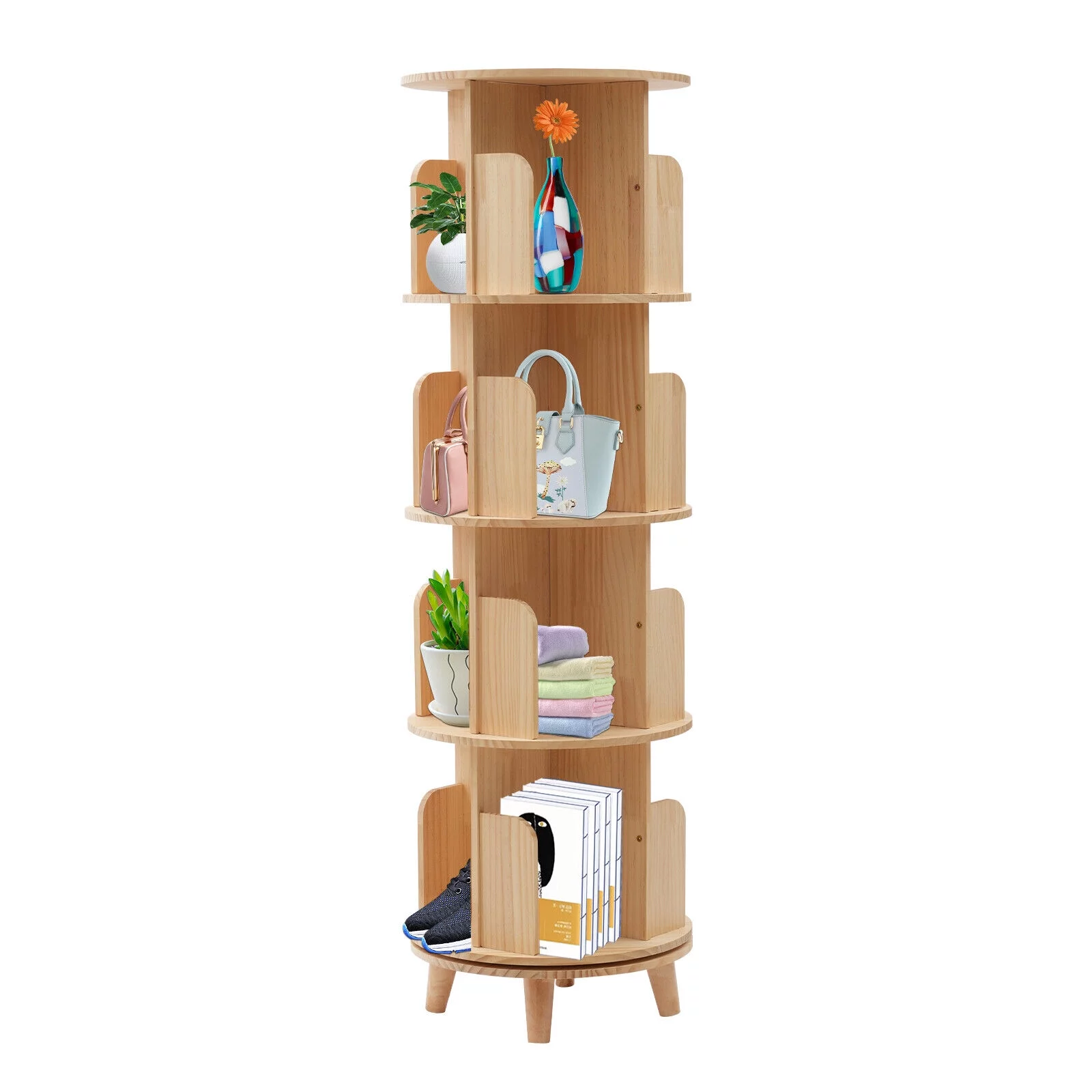 4-Tiers Rotating Bookshelf Bookcase Storage Rack Bookshelf Floor Standing for Storing Books, Precious Souvenirs