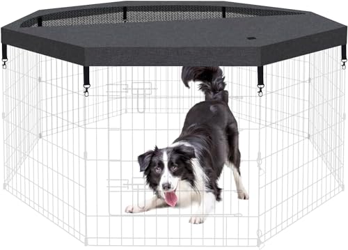 Dog Pen Pet Playpen Dog Fence Indoor Foldable Metal Wire Exercise Puppy Play Yard Pet Enclosure Indoor Outdoor 8 Panels 24 Inch with Bottom Pad/Top Cover (Black with top Cover)