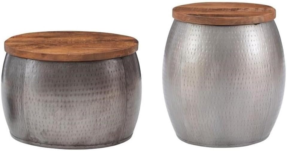 Home Square 2-Piece Set with Metal Drum Table and Drum Side Table in Silver