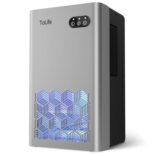 ToLife Dehumidifiers for Home 95 OZ Water Tank, 1000 sq.ft Dehumidifier for Basement Bedroom Bathroom with Auto Shut Off 7 Colors LED Light,Grey