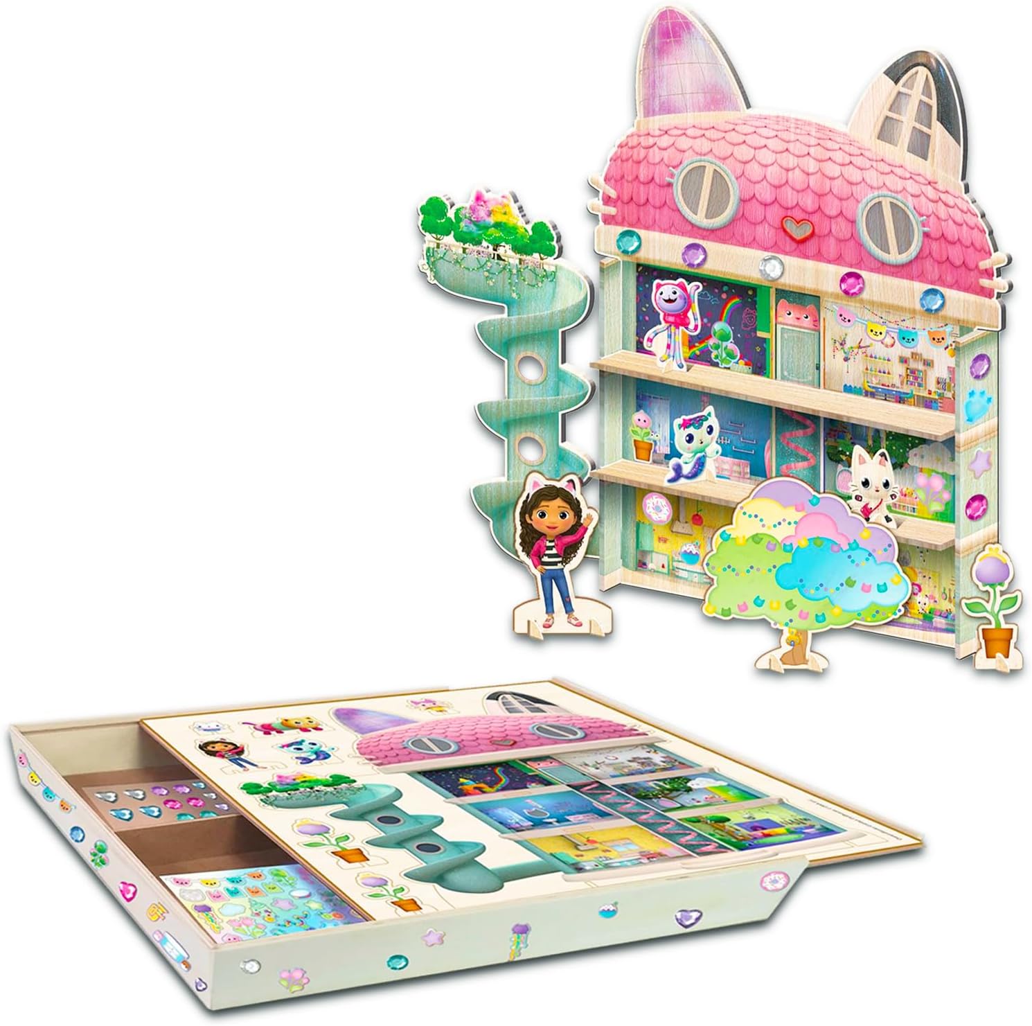 DreamWorks Gabby's Dollhouse Wooden Playset Toys for Girls - Bundle with Gabby’s Dollhouse Wooden Activity Playset, Stickers, and More | Gabby’s Dollhouse Wood Activity Set