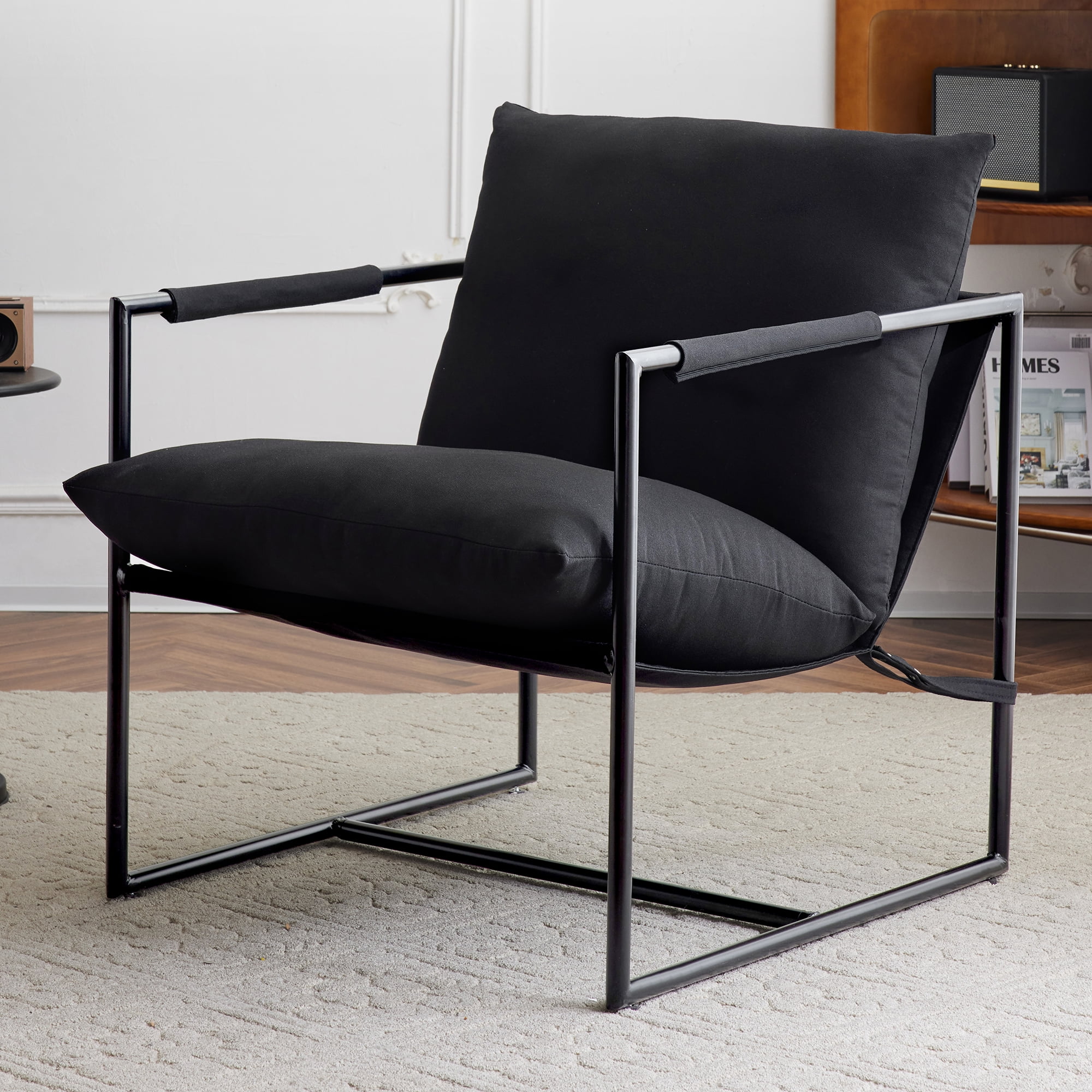 Unikome Metal Framed Sling Accent Chair Metal Lounge Chair, Metal Framed Arm-chair with Shredded Foam Cushioning for Livingroom, Black