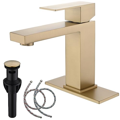 Brushed Gold Vessel Sink Faucet - Tall Single Hole Bathroom Faucet with Pop Up Drain, AML-11411-BG