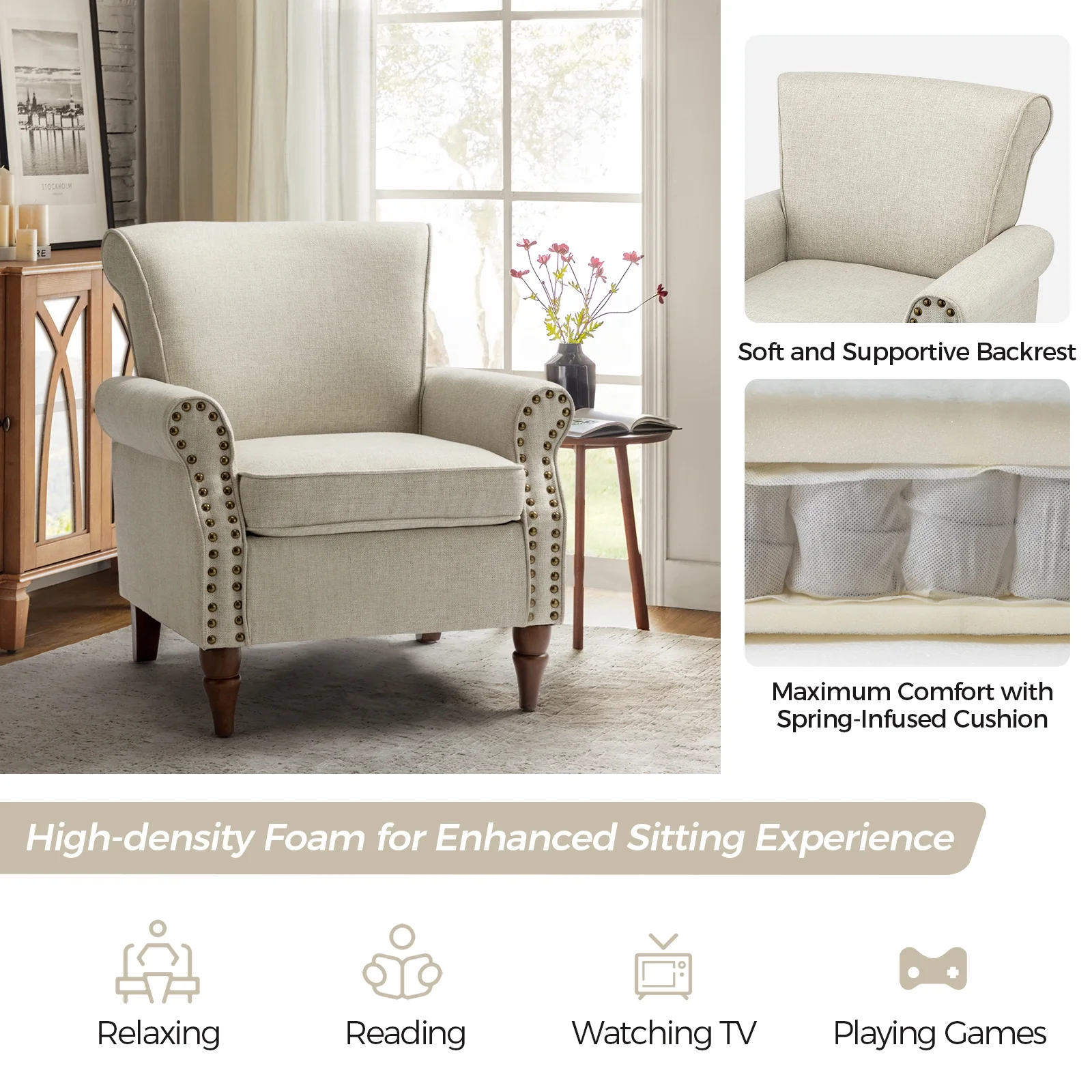 Traditional Armchair Turned Legs Accent Chair Nailhead Trim Home Living Room Bedroom Oatmeal