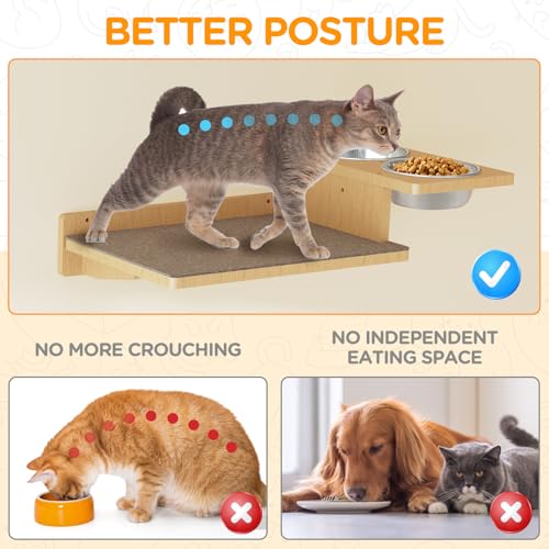 MeowHomm Cat Wall Shelves, Wood Wall Furniture with 3 Steps, Cat Feeding Shelf with 2 Food Bowls, Wooden Bed Furniture Wall Mounted