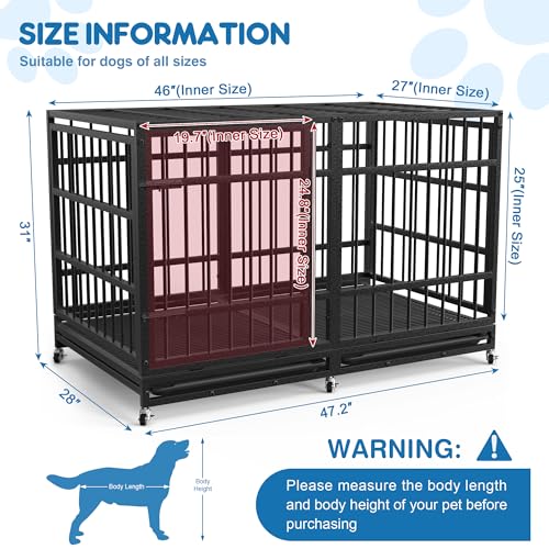 48 Inch Heavy Duty Dog Crate for Large Dogs Indestructible Dog Cage XL High Anxiety with Wheels Impact Escape-Proof Dogs Crate Kennel Indoor with Locks and 2 Removable Trays