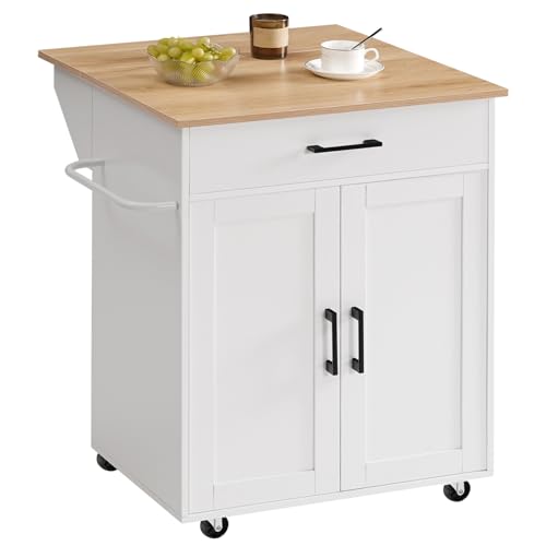 Kitchen Island on Wheels with Drop Leaf, Folding Countertop Kitchen Island Cart, Kitchen Island Table with Towel Rack, Drawer, for Kitchen, Dining Room, White and Natural KINW12501