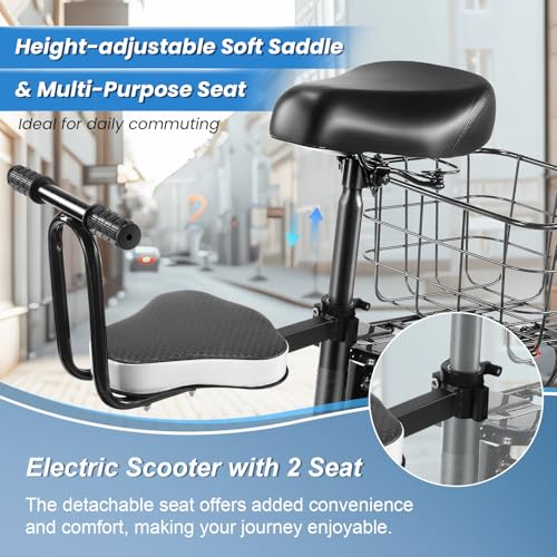 Caroma Peak 500W/800W/1200W Electric Scooter with Seat, 30 Miles Max Range Electric Scooter Adults&Teens, 48V Large Battery, 20MPH Top Speed Foldable Ebike, Adjustable E-Bike with Basket&Kid Seat