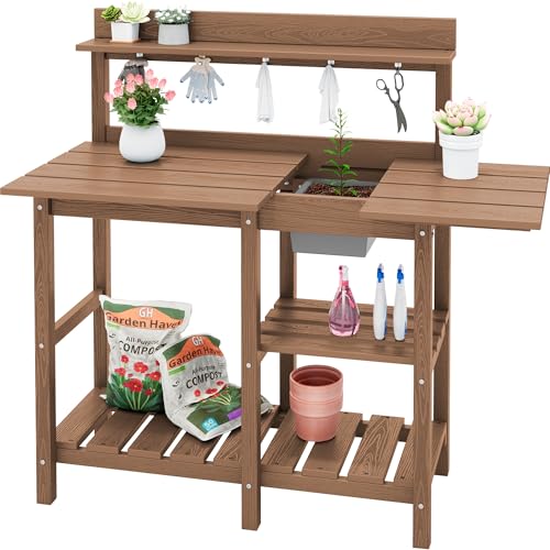 SERWALL Potting Bench Outdoor Potting Table with Sink, HDPE Potting Benches for Outside Gardening Table All Weather Use- Black