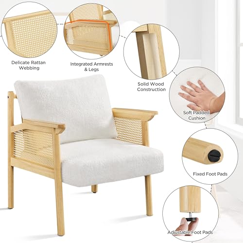 Yaheetech Accent Chair, Boucle Vanity Chair with Rattan Back Arms, Mid Century Chair Upholstered Living Room Chair Lounge Chair Bedroom Balcony White