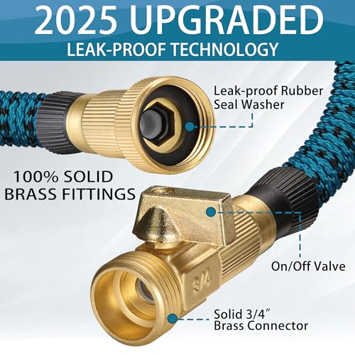 50 ft Expandable Garden Hose - 2025 New Kink Free Flexible Water Hose 50ft with 10 Pattern Spray Nozzle, 3/4 Solid Brass Connectors, Retractable Latex Core - Lightweight Expanding Hose