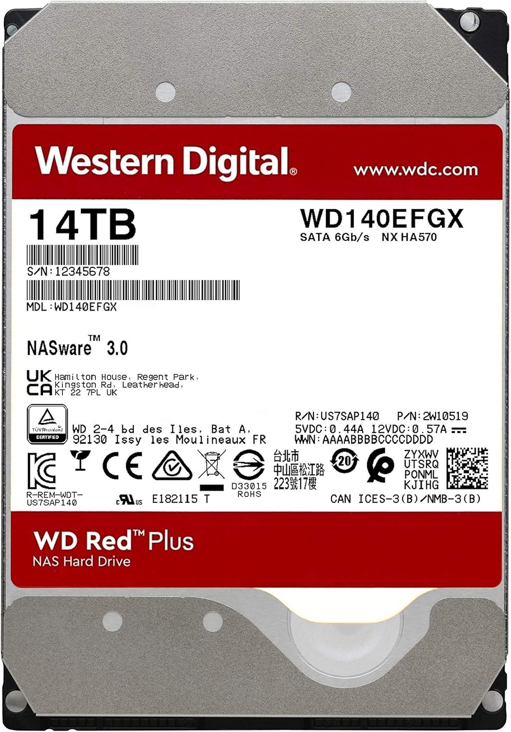 Western Digital 12TB WD Red Plus NAS Internal Hard Drive HDD - 7200 RPM, SATA 6 GB/s, CMR, 512 MB Cache, 3.5 - WD120EFBX