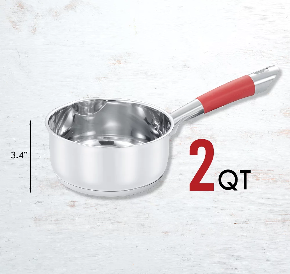 Concord 2 Quart Stainless Steel Saucepan with SIMPLE POUR Vented Glass Lid. Features Dual Pouring Spouts and Volume Marking. Perfect for making Sauces, Jam, Ramen, and more