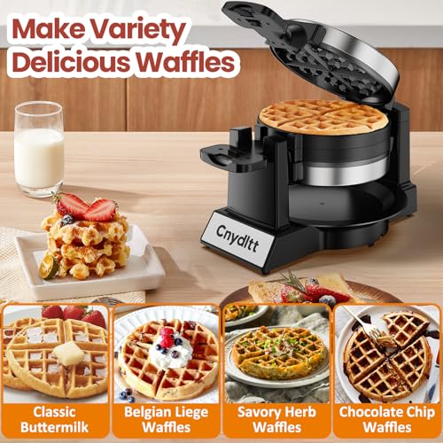 Double Waffle Maker, 1400W Rotating Belgian Waffle Iron with Nonstick Plates, 180° Flip, 8-Slice, Removable Drip Tray, Locking Lid & Cool Touch Handles, Stainless, Black