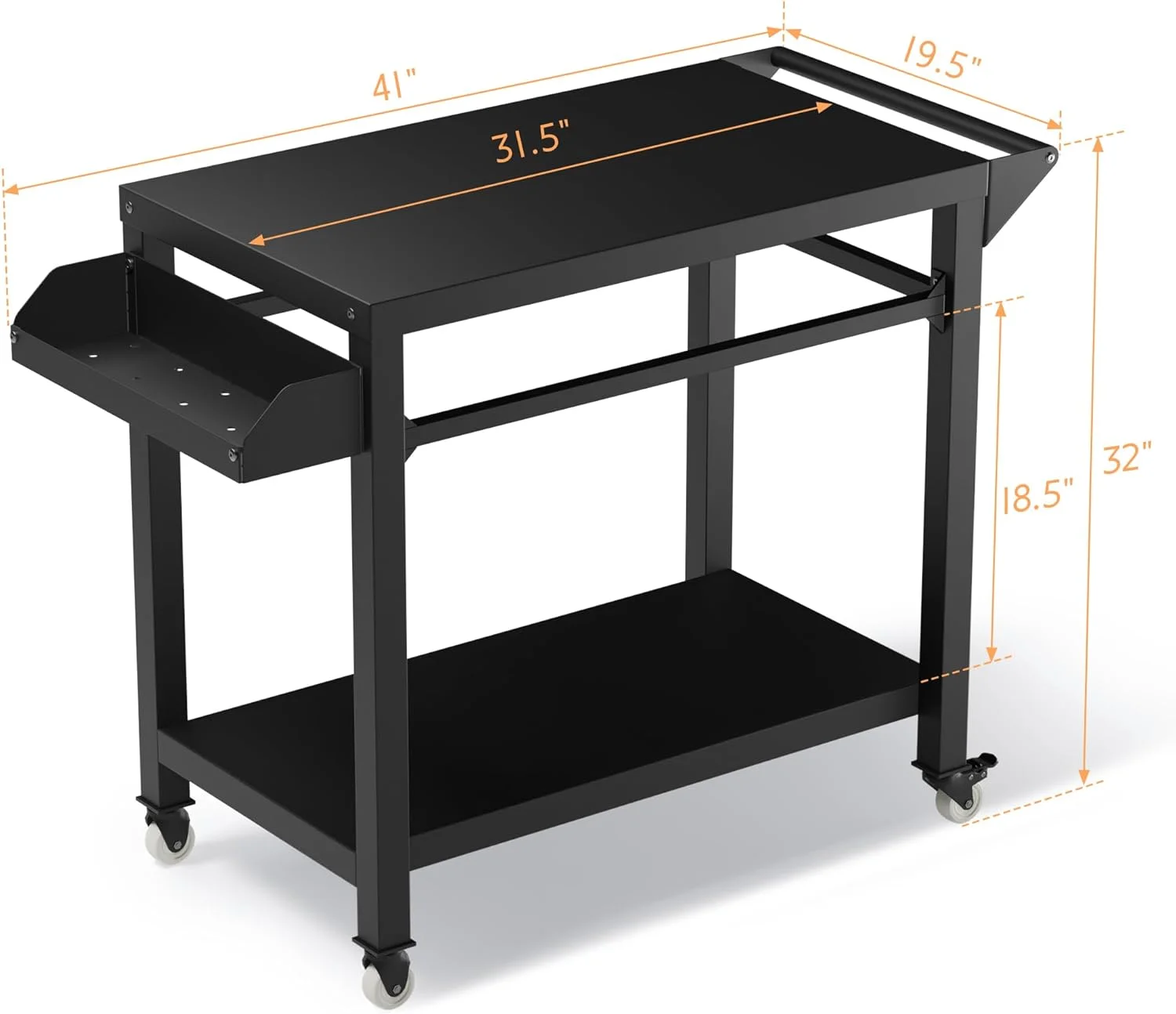 Outdoor Grill Cart Table, Outside Pizza Oven Stand with Wheels, Bottles Basket, 4 Hanger Brackets, Outdoor Prep Table for Tabletop BBQ Grill, Griddle, Black