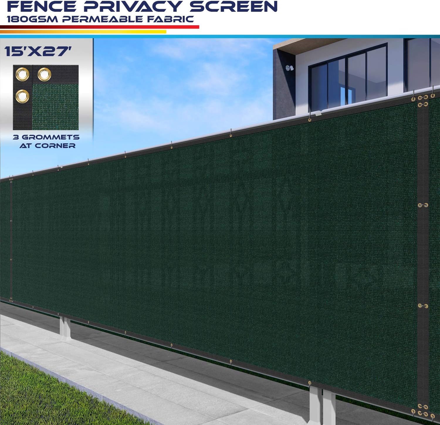 Fence Privacy Screen 15' x 27' Heavy Duty Windscreen Fencing Mesh Fabric Cover for Patio Garden Backyard Lawn Carport Pool Fence, Green