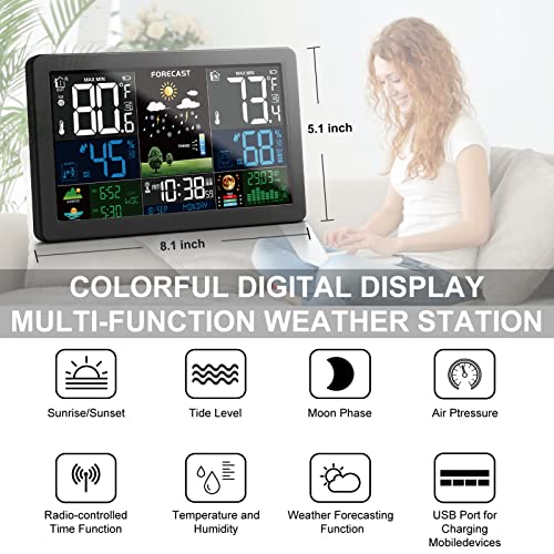 Weather Station Indoor Outdoor Thermometer Wireless Color Display Digital Temperature Humidity Monitor, Weather Thermometer Forecast Station with Atomic Clock and Adjustable Backlight