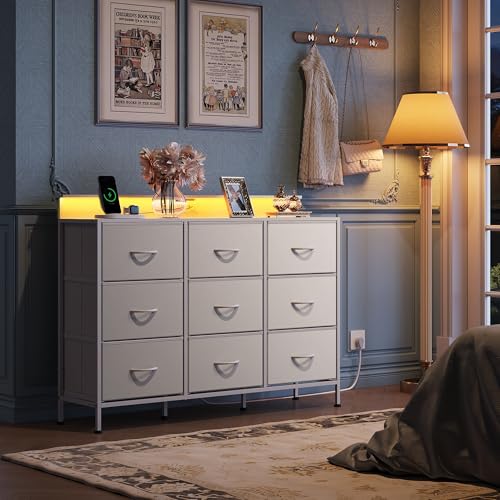 WLIVE Dresser TV Stand for 55 inch, Led Dresser for Bedroom, Black Dressers for Bedroom with LED Lights and Charging Station, Chest of Drawers, 9 Fabric Dresser Drawers, Wood Top, Living Room, Closet