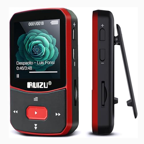RUIZU 64GB Clip MP3 Player with Bluetooth 5.3, Portable Music Player with Voice Recorder for Sports Running, FM Radio, Pedometer, A-B Repeat, Audio Shuffle Playback, Support 128GB Micro SD Card, Red