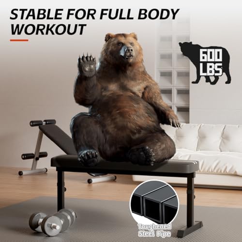 Black Flat weight Bench, Bench workout, Easy Assembly for Training Bench Press with adjustable height, 600LBS gym bench for Full Body Workout and home workout, 4 Adjustable Heights Heavyy Bench,