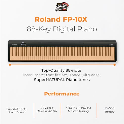 Roland FP-30X 88-Key Digital Piano - Black Bundle with Adjustable Stand, Bench, Sustain Pedal, Online Piano Lessons, Instructional DVD, and Austin Bazaar Polishing Cloth