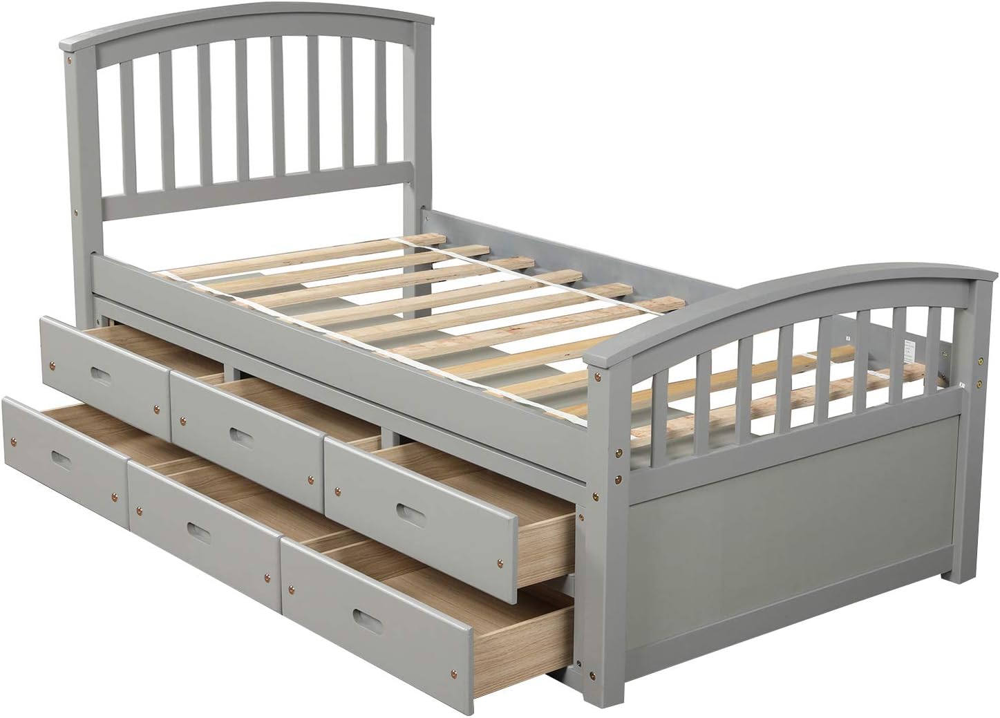 Twin Size Platform Storage Bed Solid Wood Bed with 6 Drawers, Gray