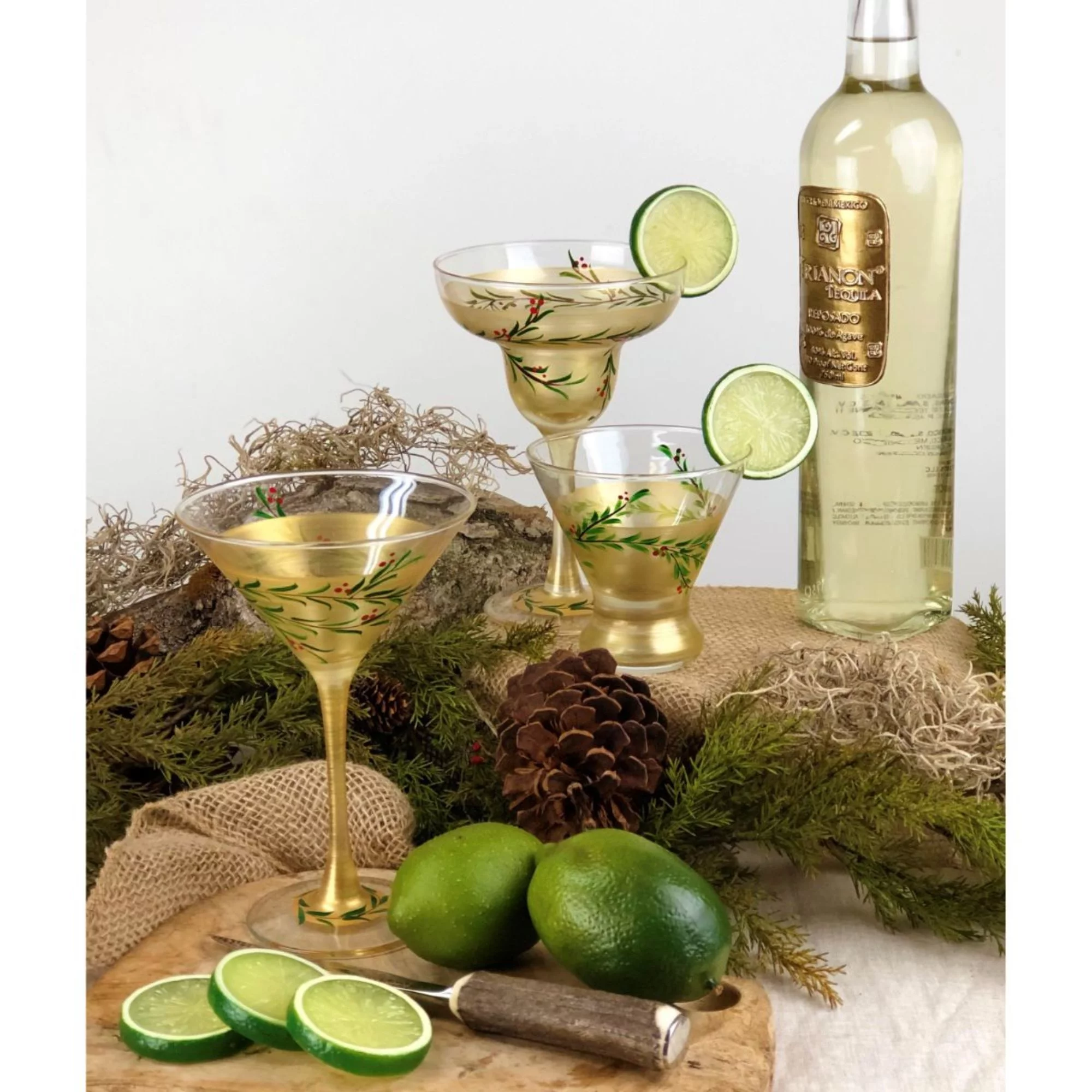 Crafted Creations Set of 2 Gold Christmas Garland Hand Painted Margarita Drinking Glasses Glasses 7
