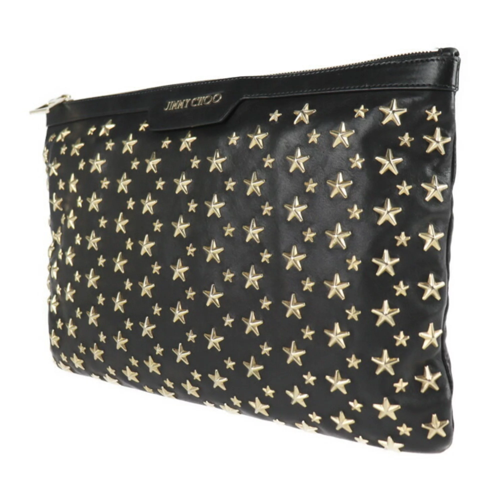 Pre-Owned JIMMY CHOO Jimmy Choo DEREK Derek second bag leather black gold metal fittings star studs clutch (Good)